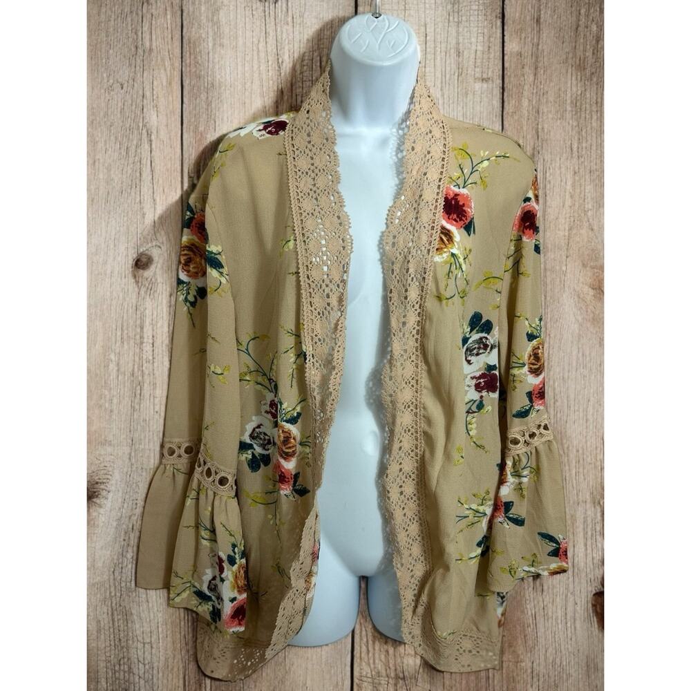 Boho Floral Open Top Size M Crochet Trim Bell Sleeves Tan Long Relaxed Fit - Picture 6 of 6